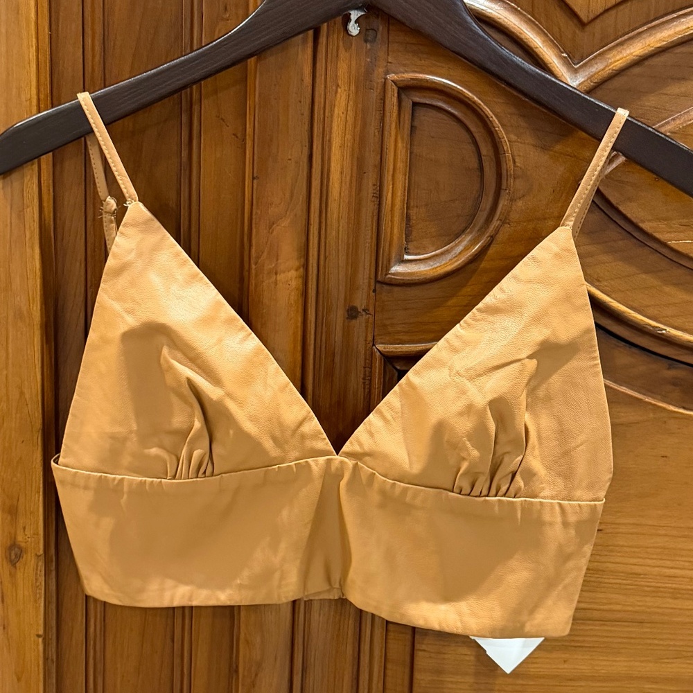NWT Crop Top Tan Faux Leather Tan Bralette Size M